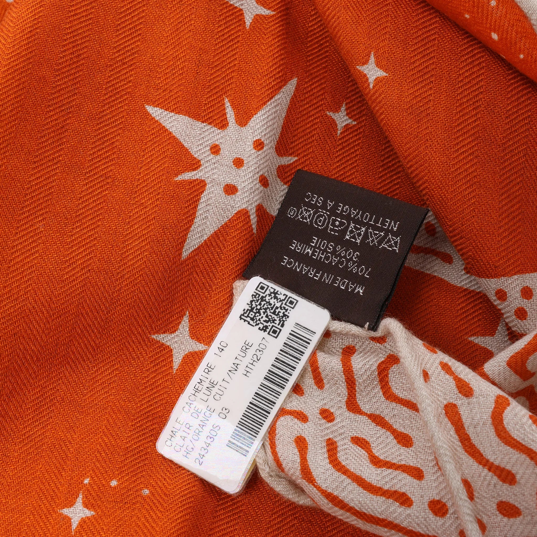 Hermès Carré 140 "CLAIR DE LUNE" Cashmere x Silk handkerchief in Orange
