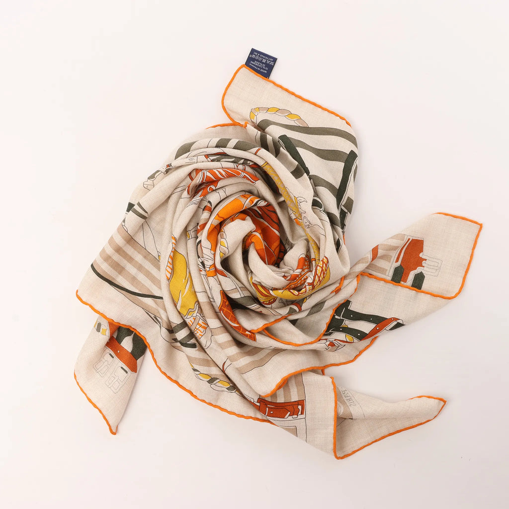 Hermès Carré 100 "RONDS DE MARCHE" Cashmere x Silk handkerchief in Beige