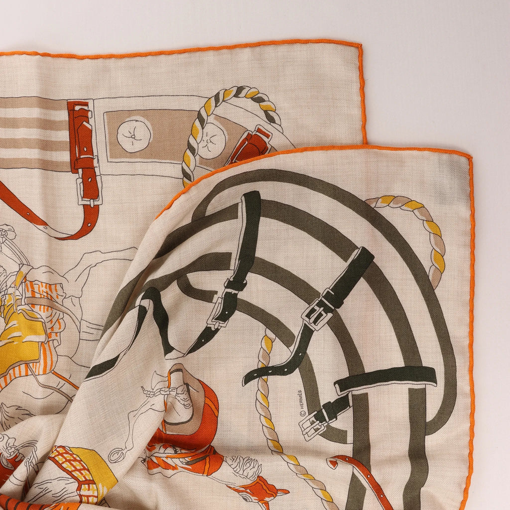 Hermès Carré 100 "RONDS DE MARCHE" Cashmere x Silk handkerchief in Beige