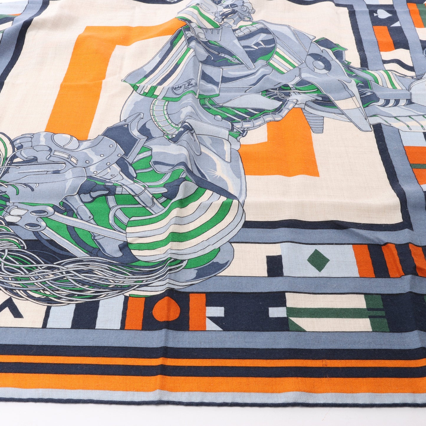 Carré Hermès 100 "ROBOCABAR" en cachemire et soie bleu x orange