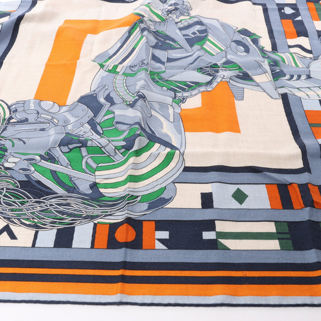 Hermès Carré 100 "ROBOCABAR" Cashmere and Silk Scarf in Blue x Orange