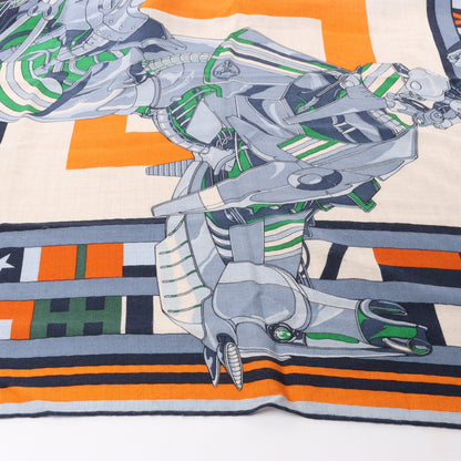 Carré Hermès 100 "ROBOCABAR" en cachemire et soie bleu x orange
