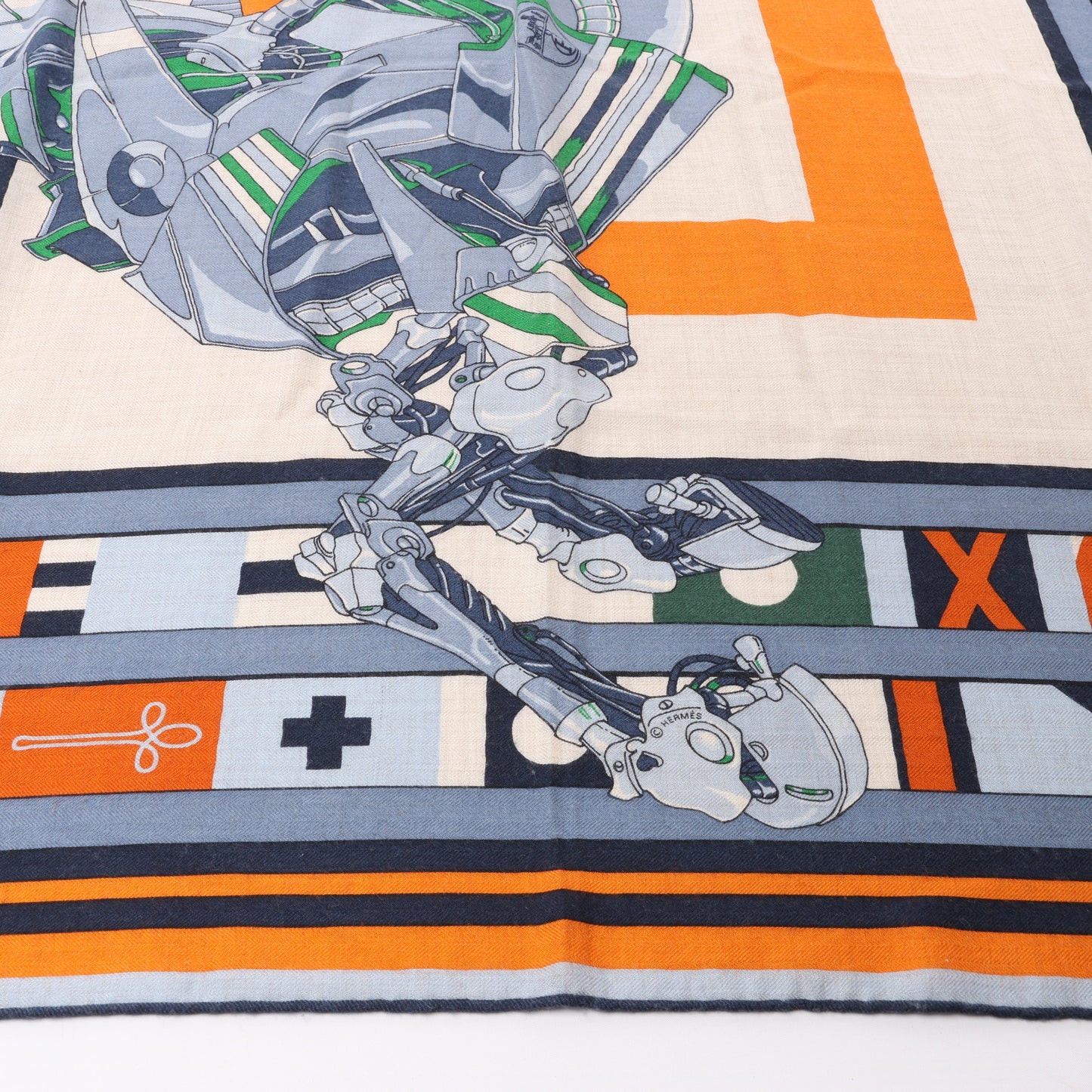 Carré Hermès 100 "ROBOCABAR" en cachemire et soie bleu x orange