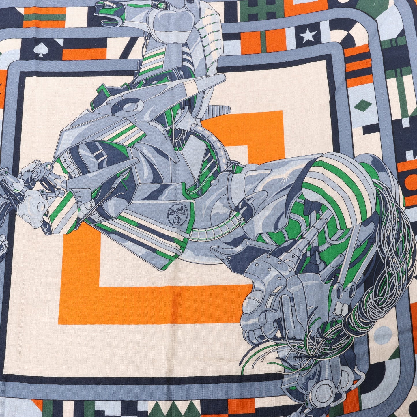 Carré Hermès 100 "ROBOCABAR" en cachemire et soie bleu x orange