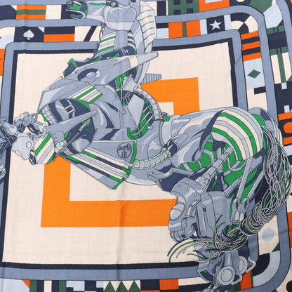 Carré Hermès 100 "ROBOCABAR" en cachemire et soie bleu x orange