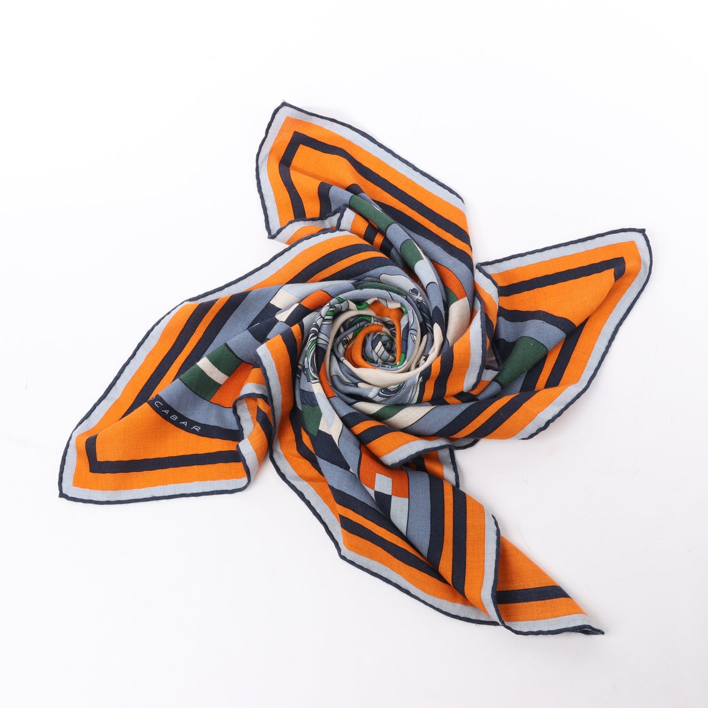 Carré Hermès 100 "ROBOCABAR" en cachemire et soie bleu x orange