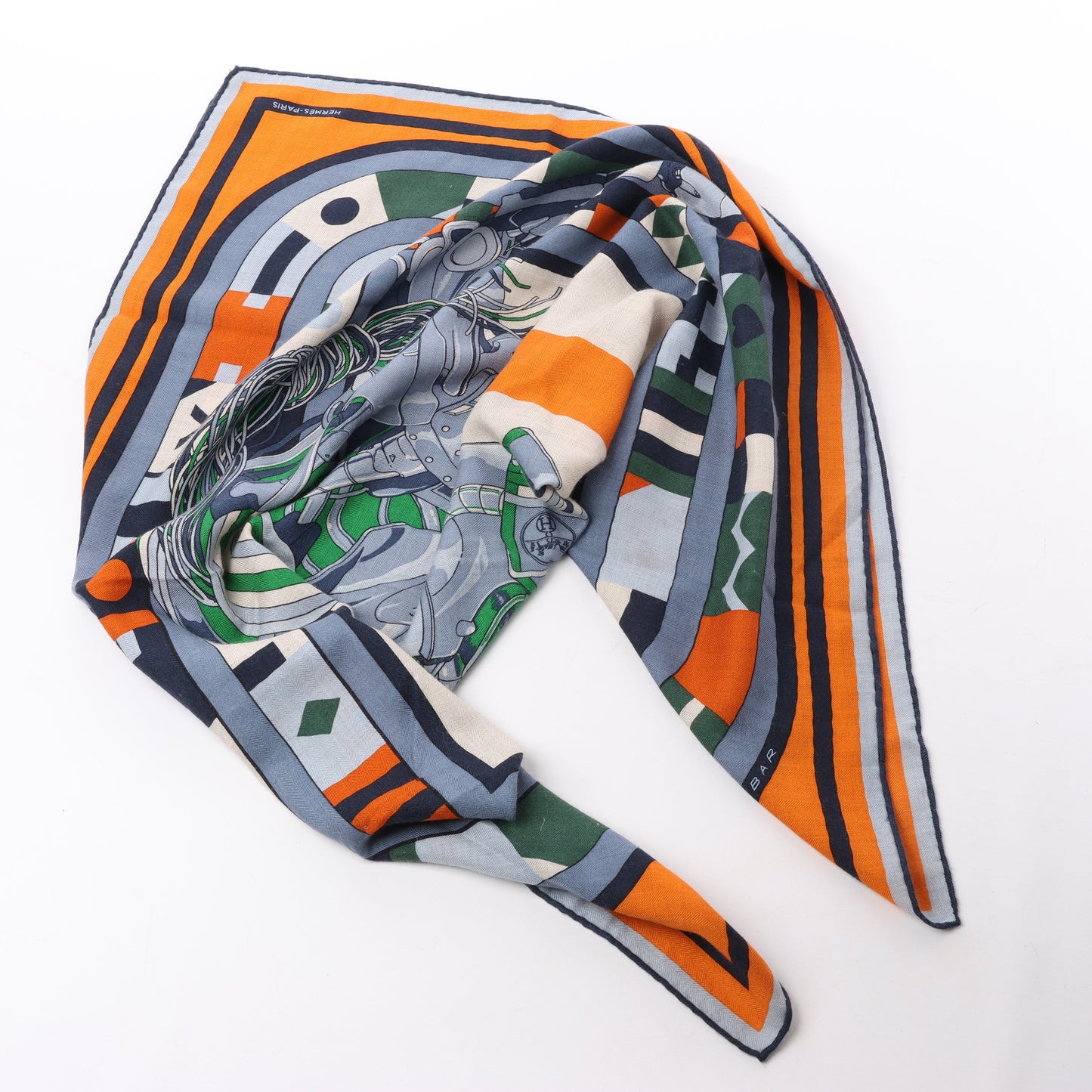 Carré Hermès 100 "ROBOCABAR" en cachemire et soie bleu x orange