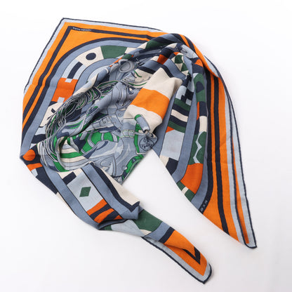 Carré Hermès 100 "ROBOCABAR" en cachemire et soie bleu x orange