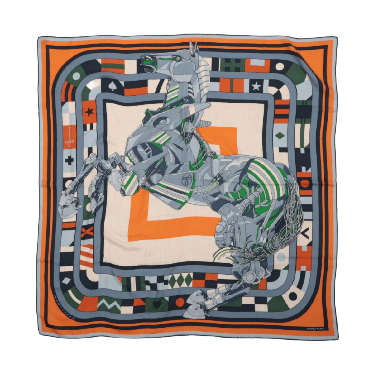 Carré Hermès 100 "ROBOCABAR" en cachemire et soie bleu x orange