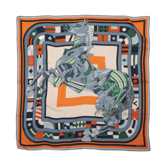 Carré Hermès 100 "ROBOCABAR" en cachemire et soie bleu x orange