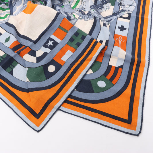 Carré Hermès 100 "ROBOCABAR" en cachemire et soie bleu x orange