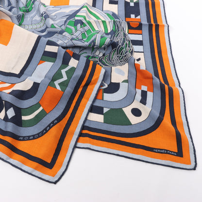 Carré Hermès 100 "ROBOCABAR" en cachemire et soie bleu x orange