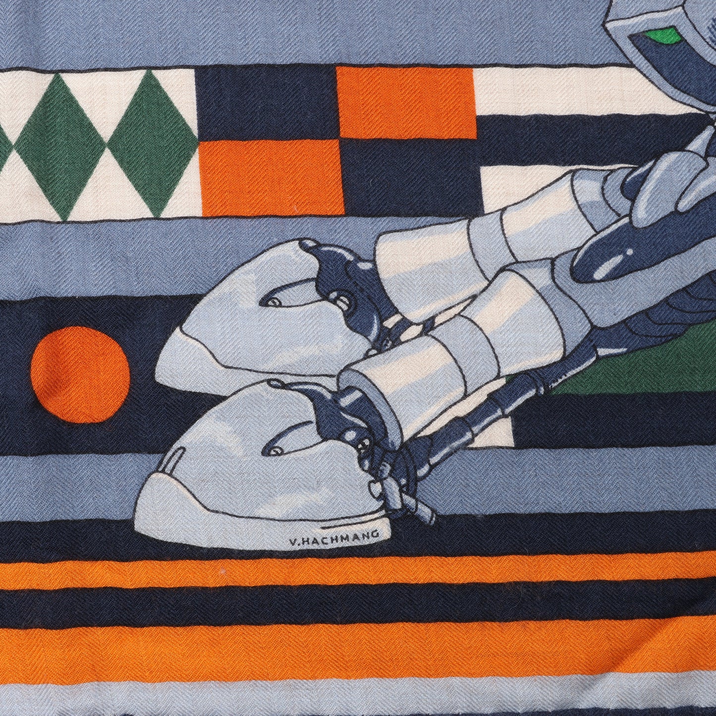 Carré Hermès 100 "ROBOCABAR" en cachemire et soie bleu x orange