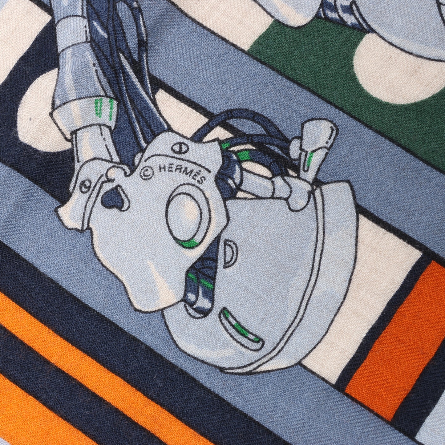 Carré Hermès 100 "ROBOCABAR" en cachemire et soie bleu x orange