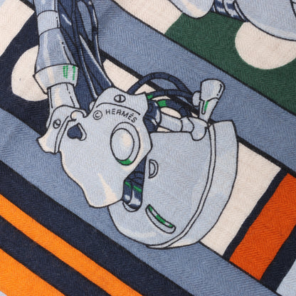 Carré Hermès 100 "ROBOCABAR" en cachemire et soie bleu x orange