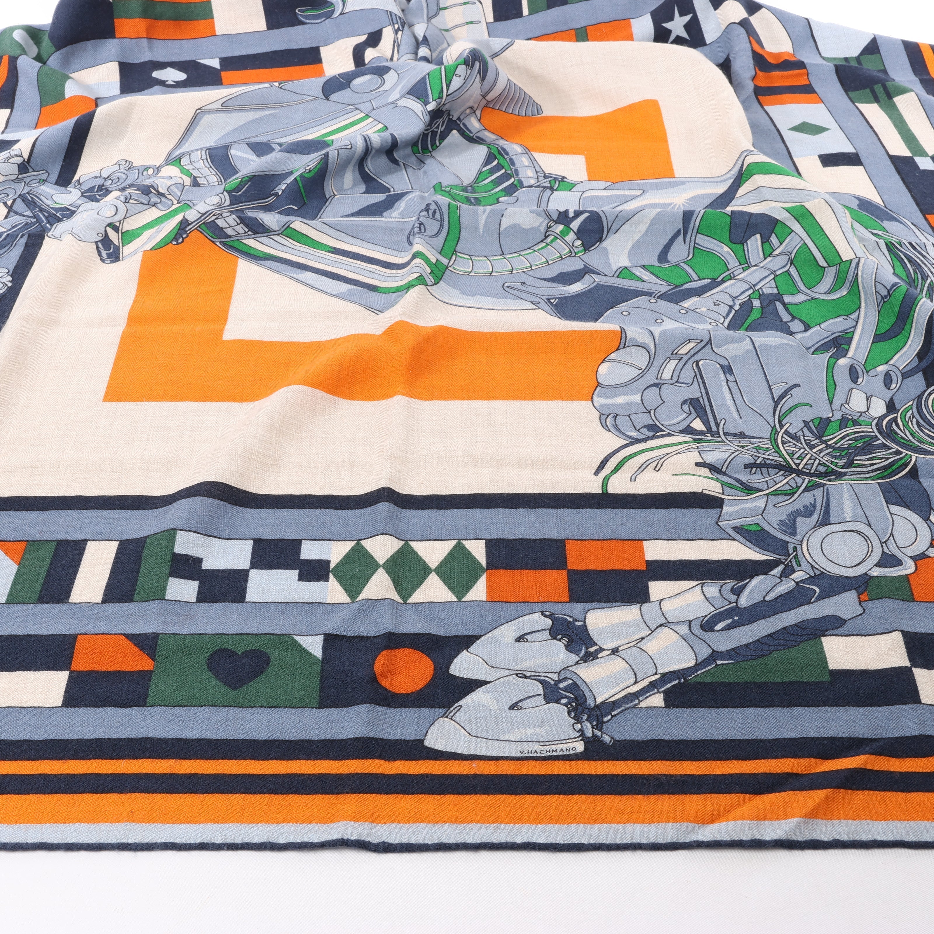 Hermès Carré 100 "ROBOCABAR" Cashmere and Silk Scarf in Blue x Orange