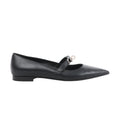 Side view of a black Hermès leather ballet flat with a pointed toe, low heel and slim instep strap featuring silver-tone Kelly hardware.