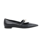 Side view of a black Hermès leather ballet flat with a pointed toe, low heel and slim instep strap featuring silver-tone Kelly hardware.