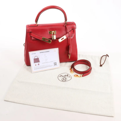 HERMÈS Kelly 28 Le Tournay Box Leather 2Way Handbag in Rouge ○U:1991