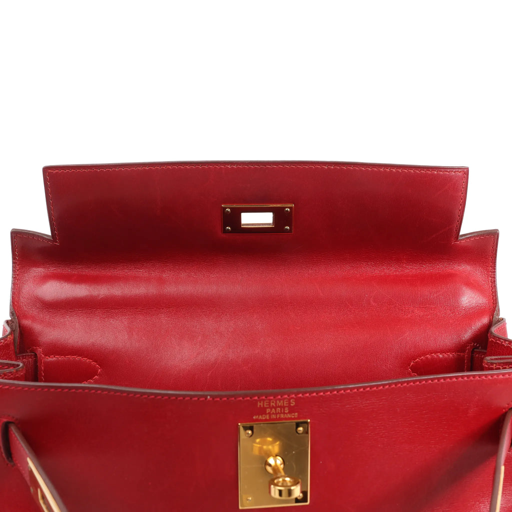 HERMÈS Kelly 28 Le Tournay Box Leather 2Way Handbag in Rouge ○U:1991