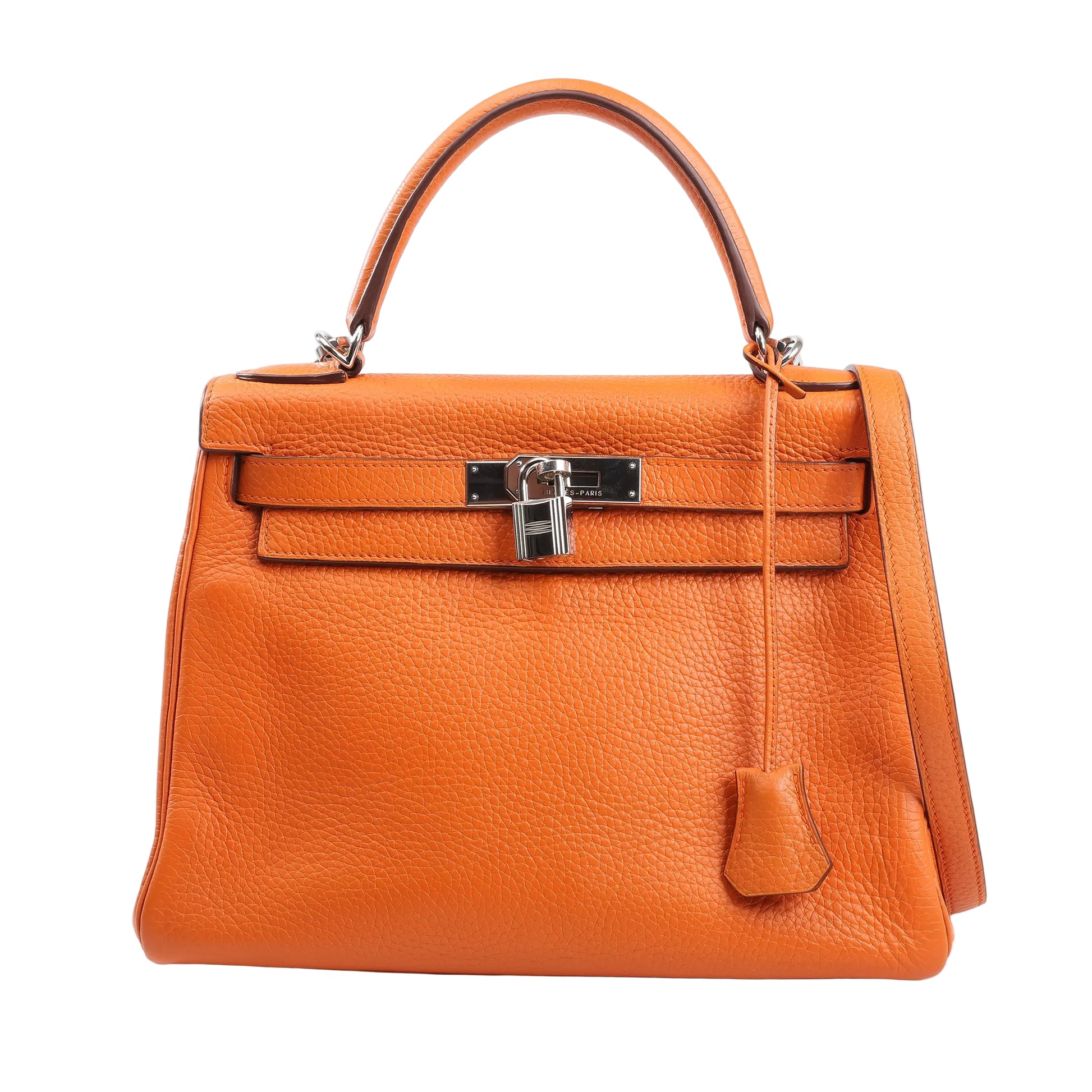 Front view of a Hermès Kelly 28 handbag in orange Taurillon Clemence leather, featuring a structured silhouette, top handle, silver-tone turn-lock closure with padlock, and leather clochette. Crafted in 2004 with the □H stamp.