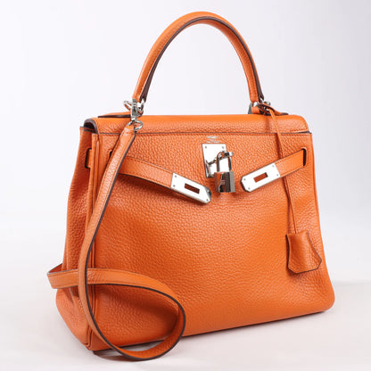 HERMÈS Kelly 28 Le Tournay Taurillon Clemence Handbag in Orange Silver Metal Fittings □H: 2004