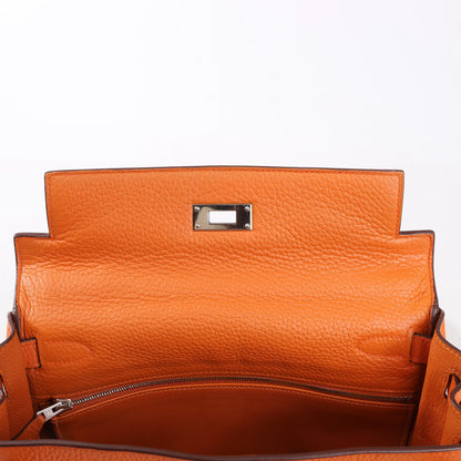 HERMÈS Kelly 28 Le Tournay Taurillon Clemence Handbag in Orange Silver Metal Fittings □H: 2004