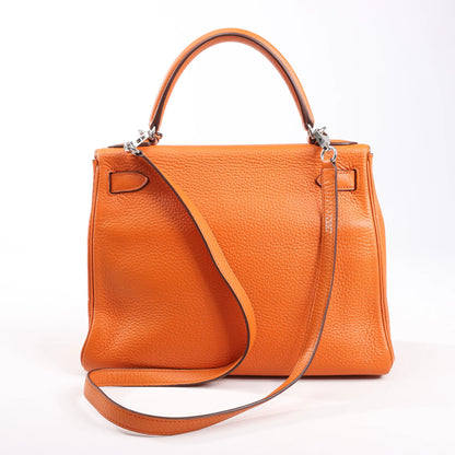 HERMÈS Kelly 28 Le Tournay Taurillon Clemence Handbag in Orange Silver Metal Fittings □H: 2004