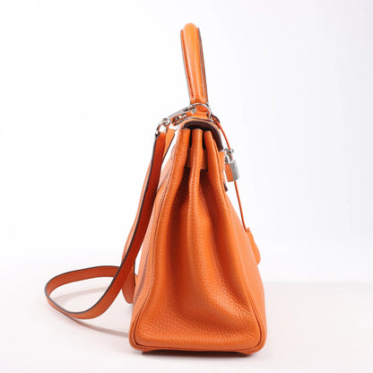 HERMÈS Kelly 28 Le Tournay Taurillon Clemence Handbag in Orange Silver Metal Fittings □H: 2004