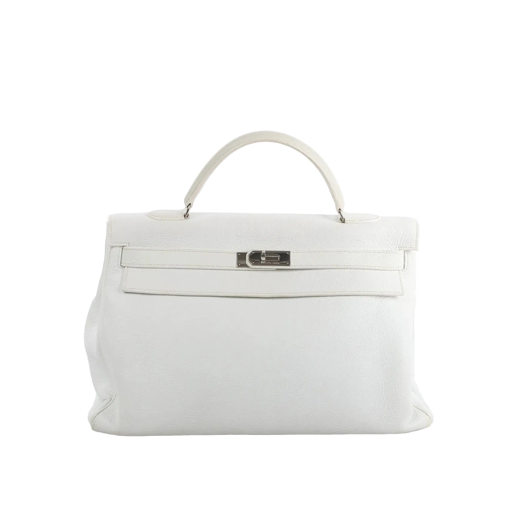 Hermès Kelly 40 handbag in white grained leather with a single top handle, front flap, and silver-tone turn-lock hardware on a white background.