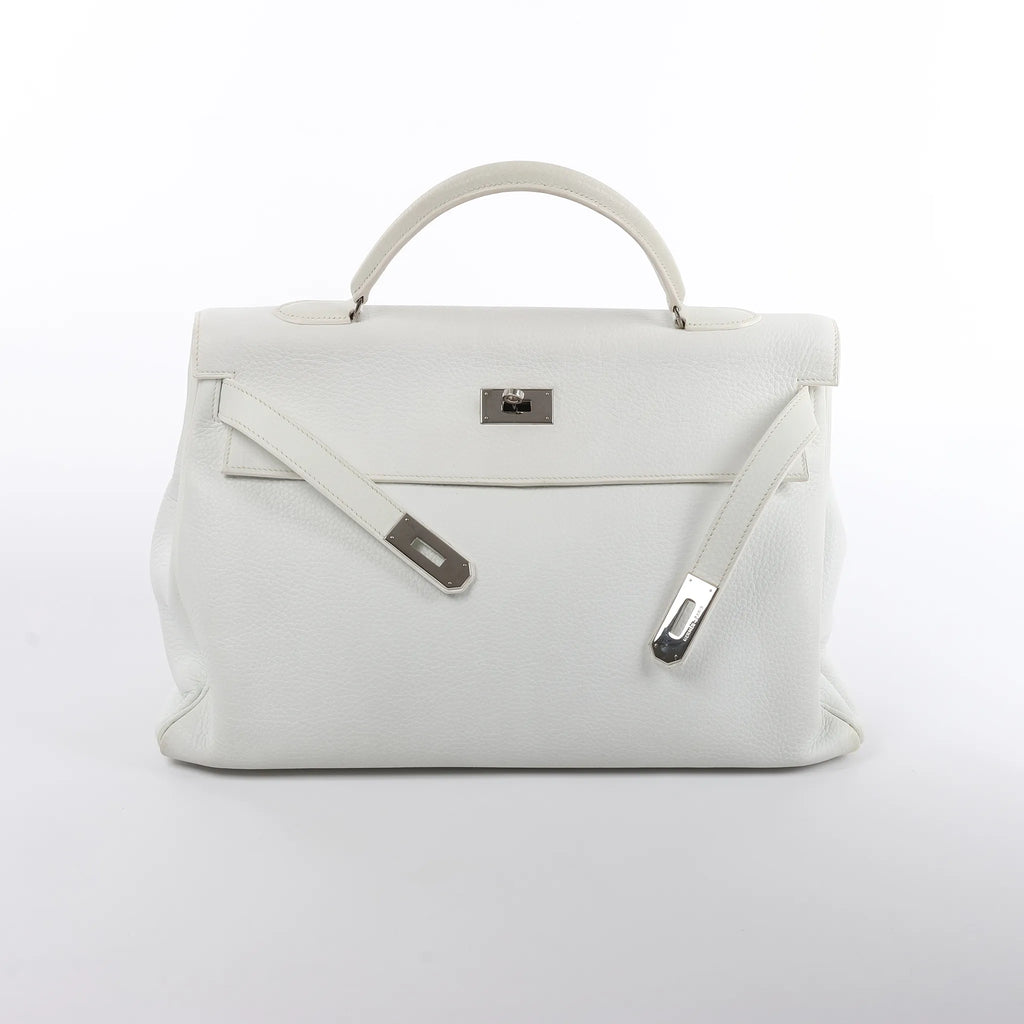HERMÈS Kelly 40 Le Tournay Taurillon Clemence Handbag in White □D: 2000