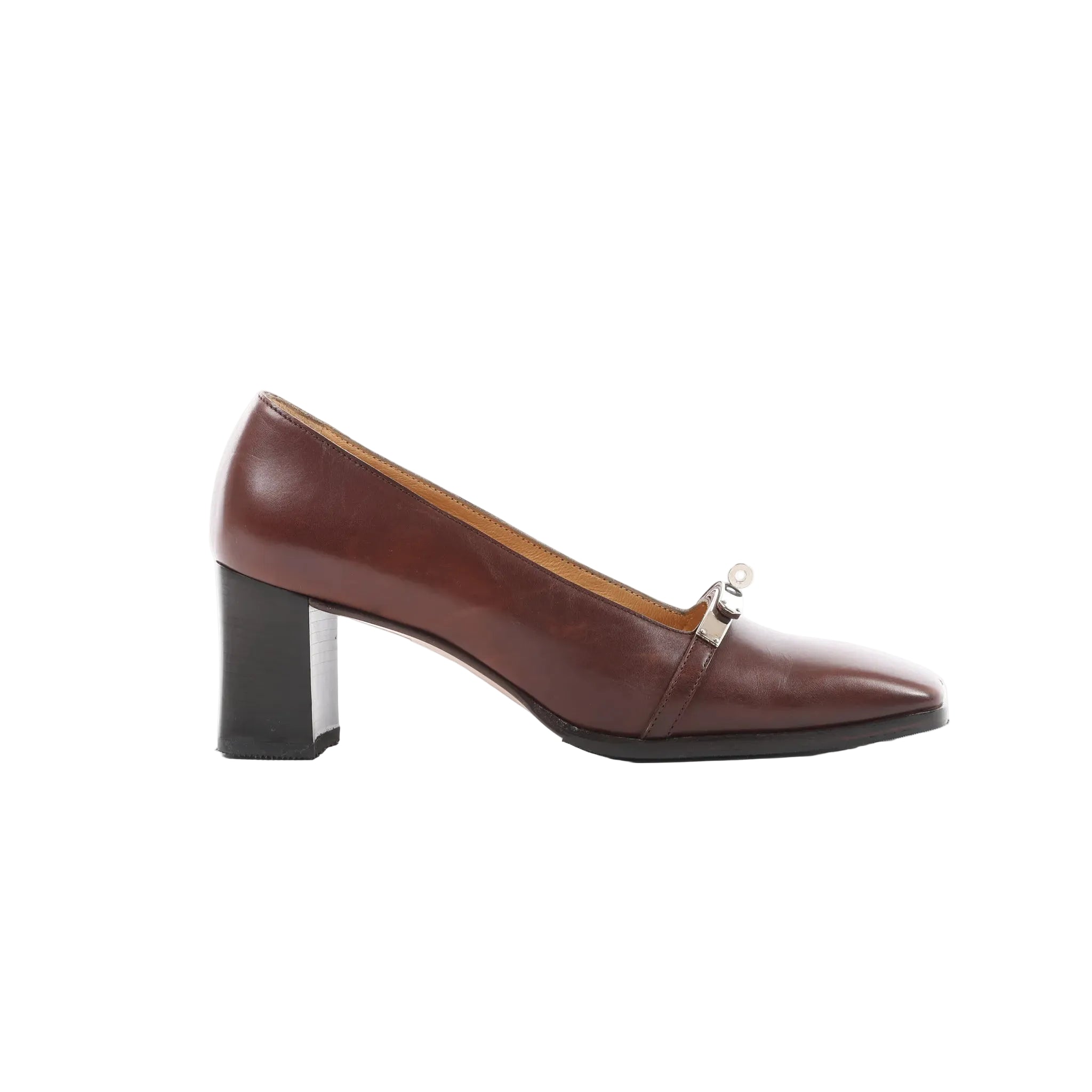 Side view of Hermès brown leather pump with black block heel and silver-tone hardware detail on the vamp.