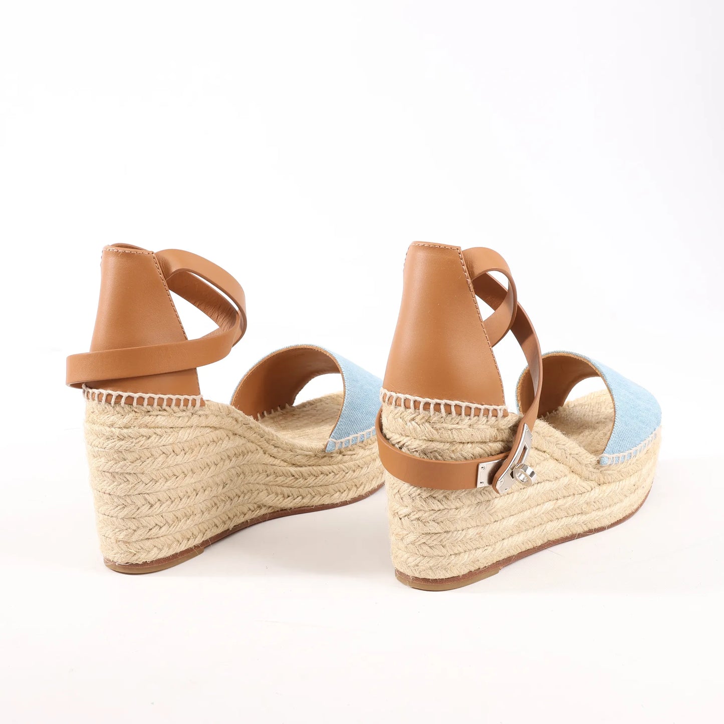 Hermès Kelly Tivoli Denim Wedge Sole Espadrilles Sandals in Light Blue, Size 37 EU