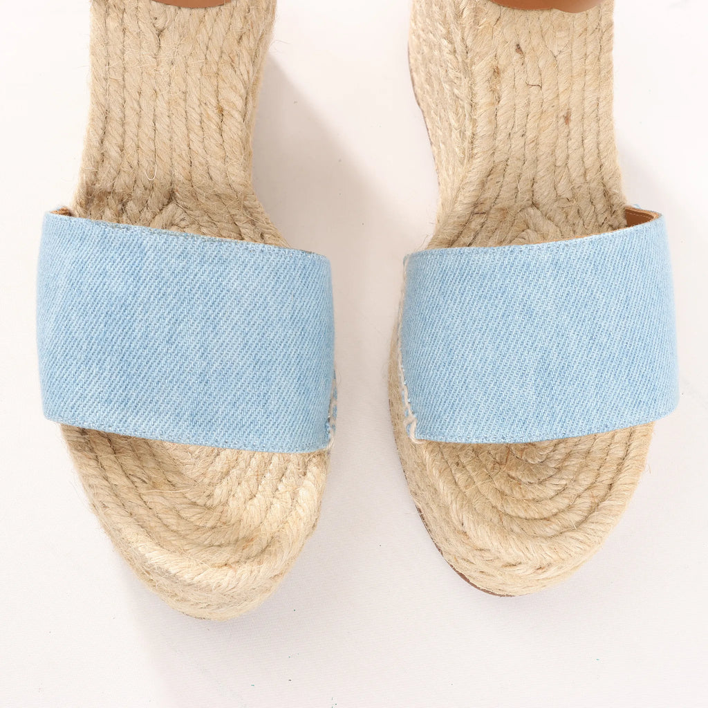 Hermès Kelly Tivoli Denim Wedge Sole Espadrilles Sandals in Light Blue, Size 37 EU