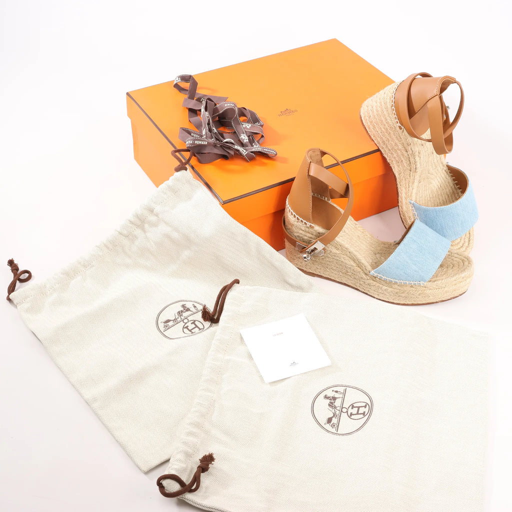 Hermès Kelly Tivoli Denim Wedge Sole Espadrilles Sandals in Light Blue, Size 37 EU