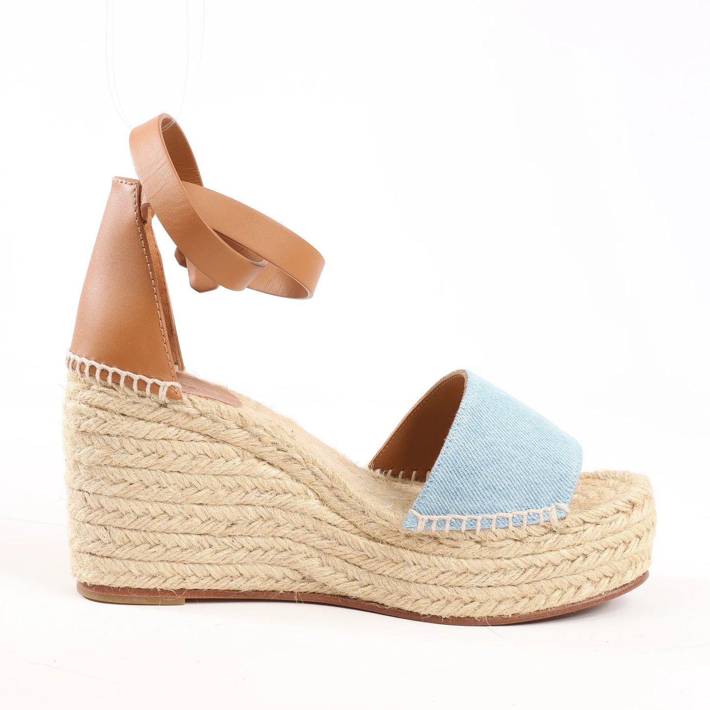 Hermès Kelly Tivoli Denim Wedge Sole Espadrilles Sandals in Light Blue, Size 37 EU