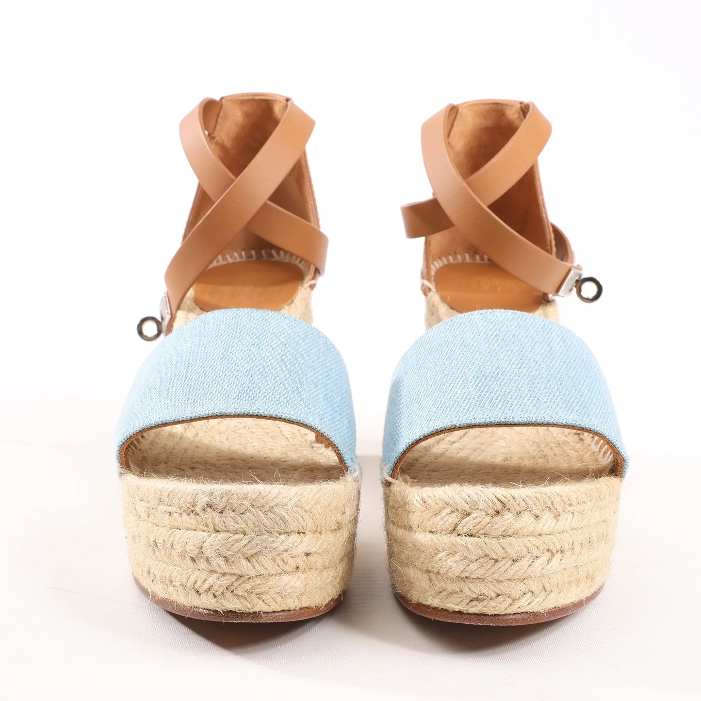 Hermès Kelly Tivoli Denim Wedge Sole Espadrilles Sandals in Light Blue, Size 37 EU