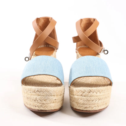 Hermès Kelly Tivoli Denim Wedge Sole Espadrilles Sandals in Light Blue, Size 37 EU