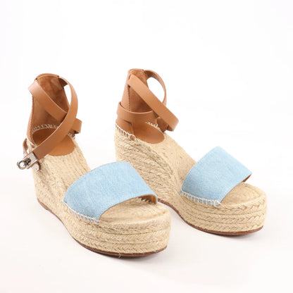 Hermès Kelly Tivoli Denim Wedge Sole Espadrilles Sandals in Light Blue, Size 37 EU