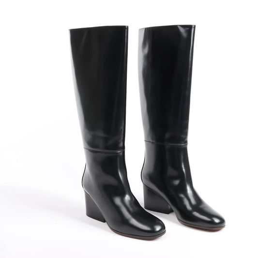 Hermes New Jersey Leather Long Boots in Black, Size 38 EU