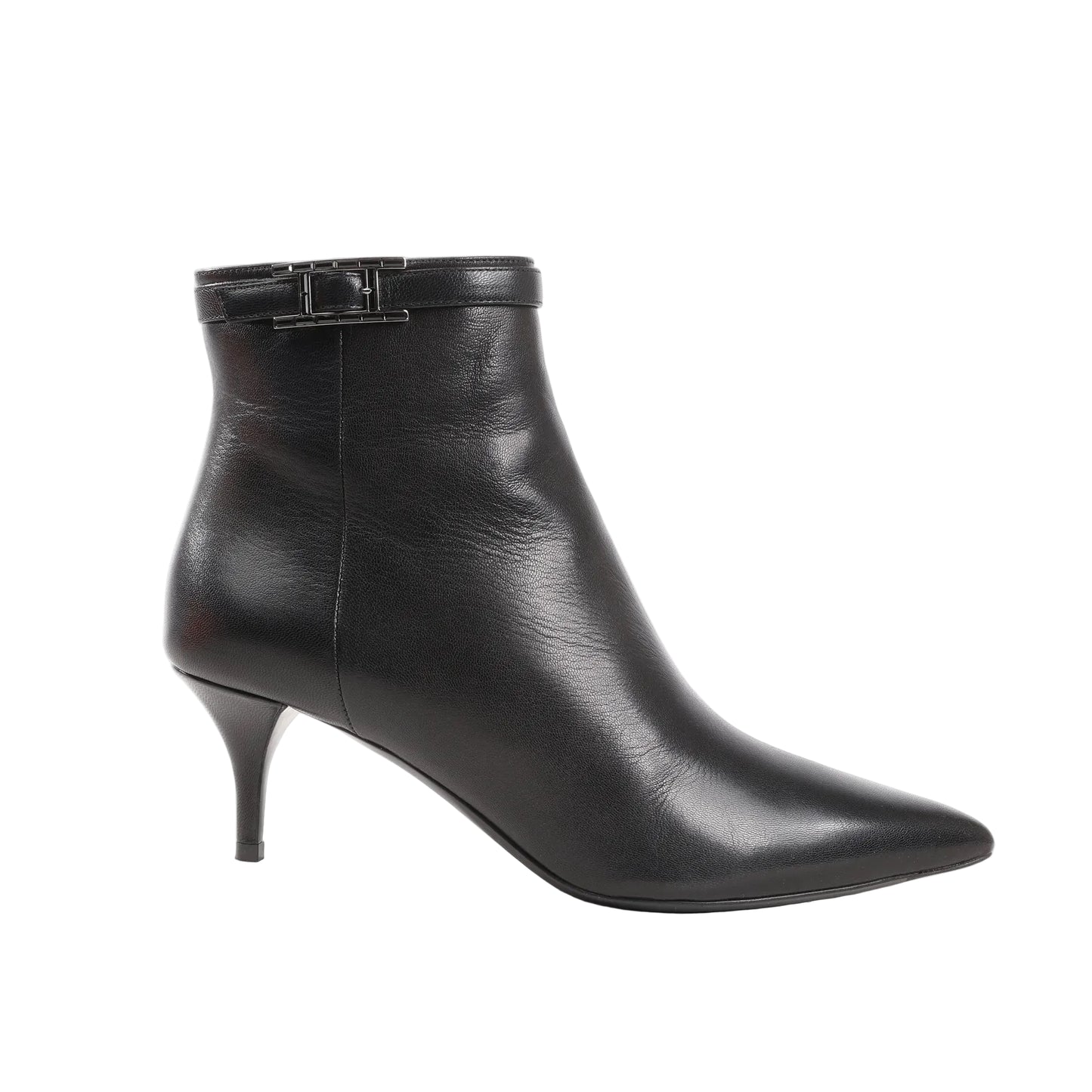 Hermès ankle boots in smooth black leather featuring a pointed toe, slim mid-height stiletto heel, and a black H-shaped buckle strap around the ankle. Size 38.5 EU.