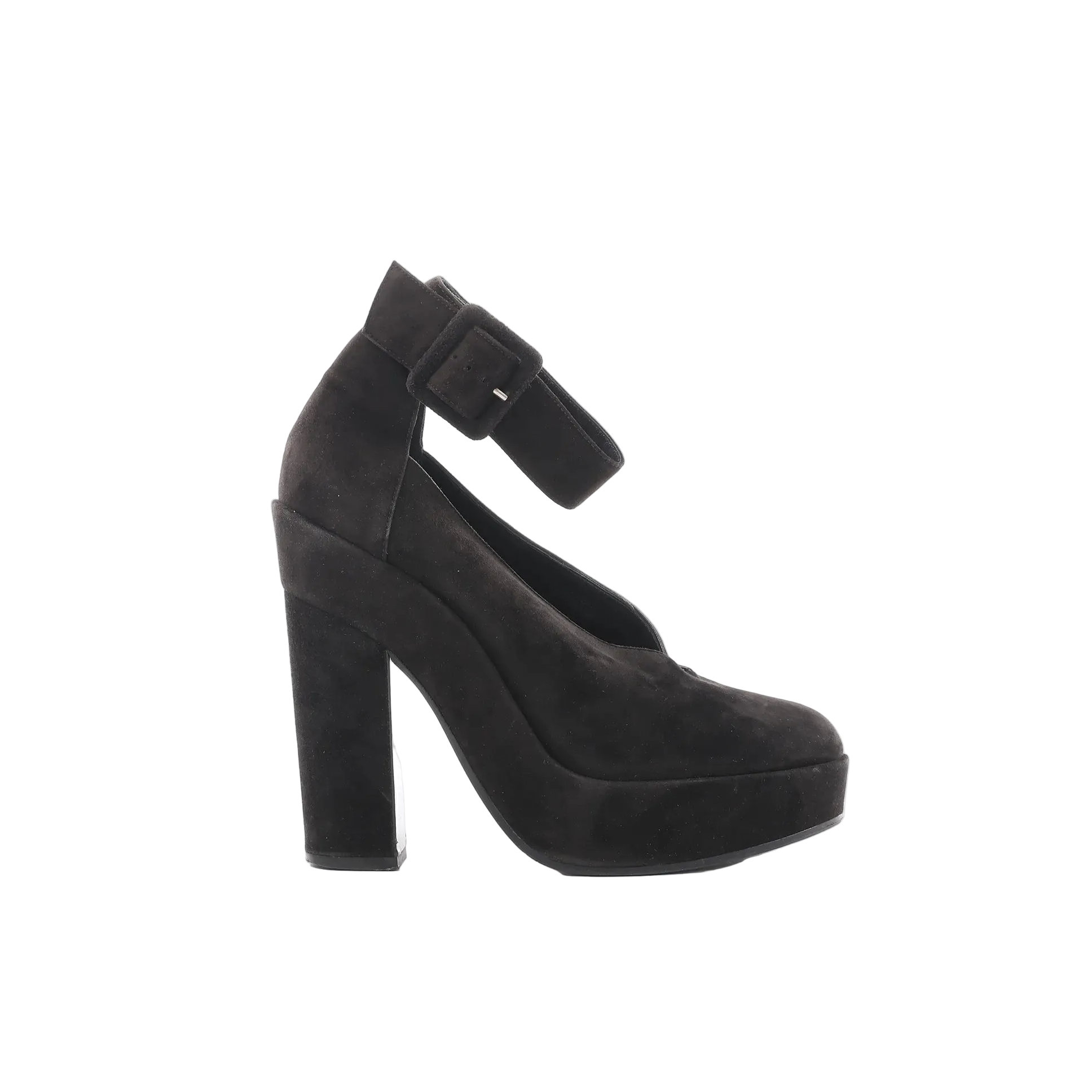 Black suede platform heel with wide ankle strap buckle and tall block heel on white background