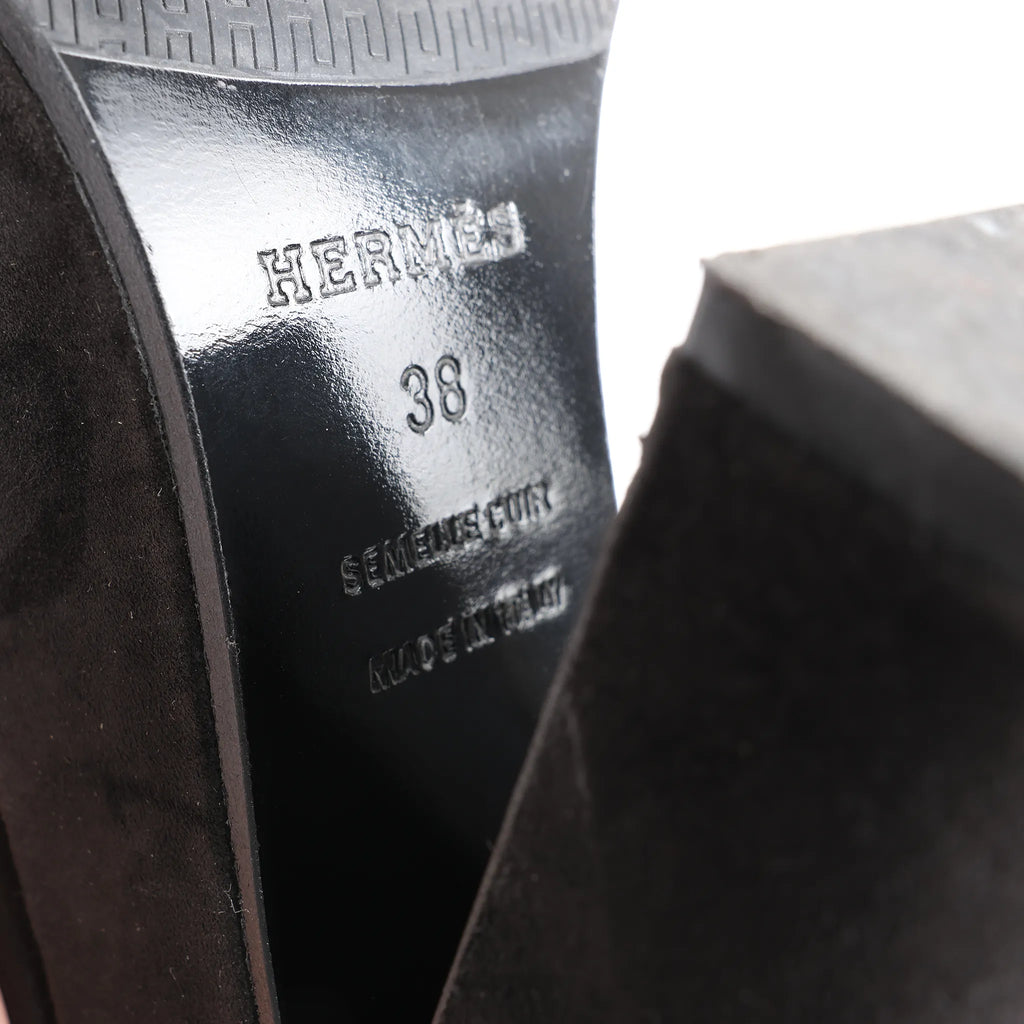 HERMES Leather & Suede Strap Heels in Black, Size 38 EU
