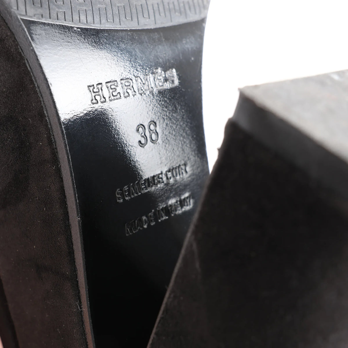 HERMES Leather & Suede Strap Heels in Black, Size 38 EU