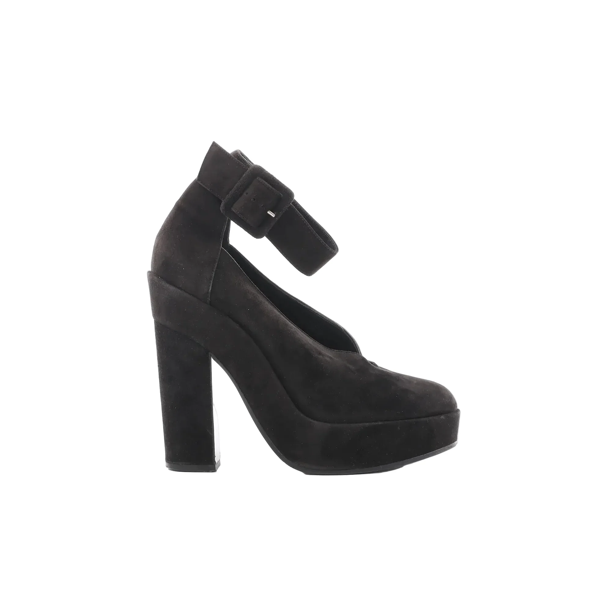 Black suede platform heel with wide ankle strap buckle and tall block heel on white background