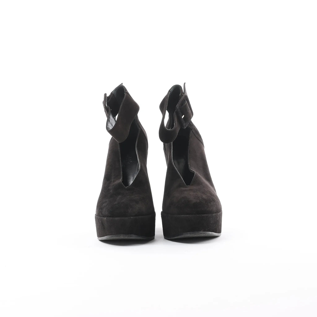 HERMES Leather & Suede Strap Heels in Black, Size 38 EU
