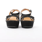 HERMES Leather & Suede Wedge Sole Sandals in Black, Size 37 EU