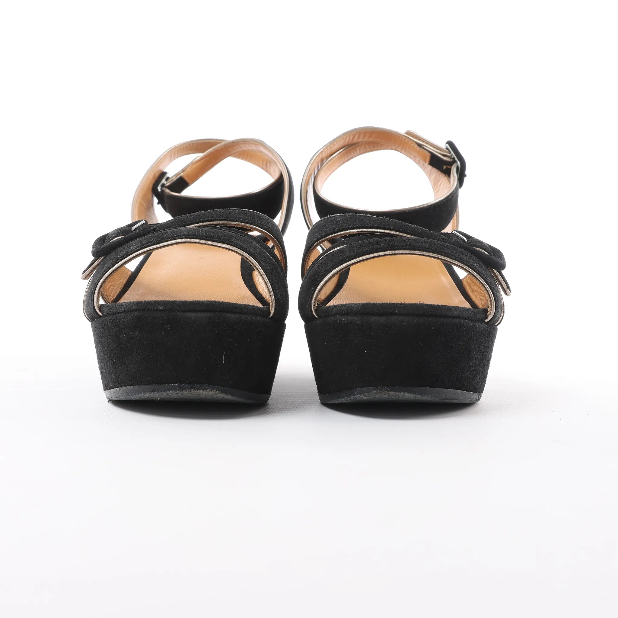 HERMES Leather & Suede Wedge Sole Sandals in Black, Size 37 EU