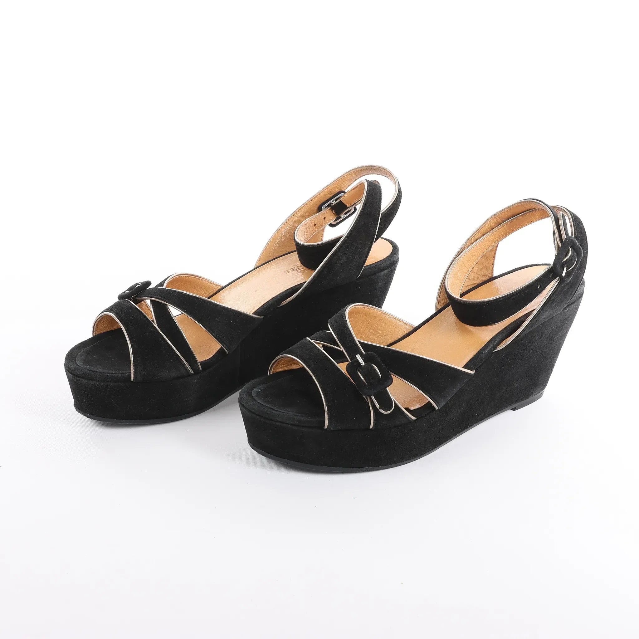HERMES Leather & Suede Wedge Sole Sandals in Black, Size 37 EU