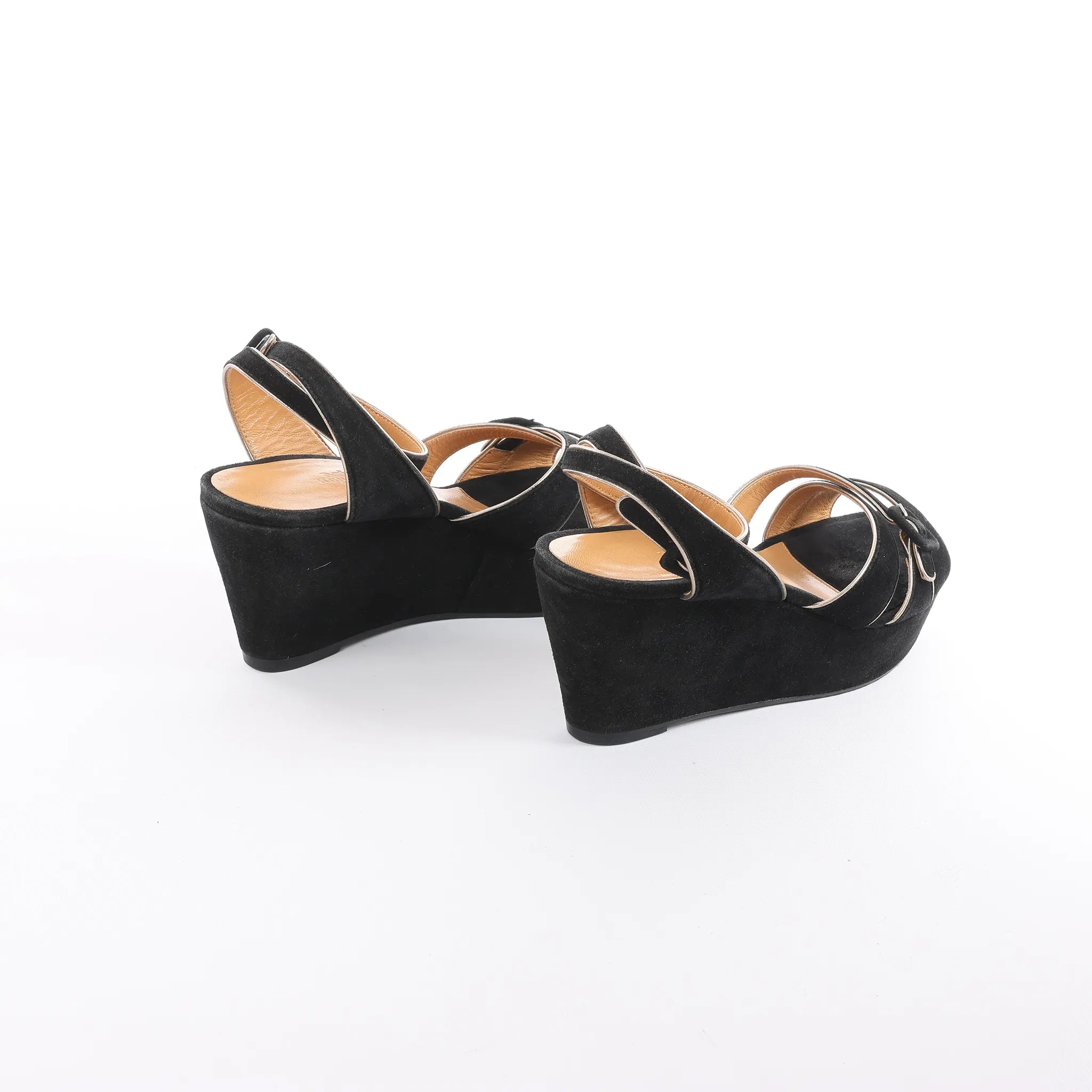 HERMES Leather & Suede Wedge Sole Sandals in Black, Size 37 EU